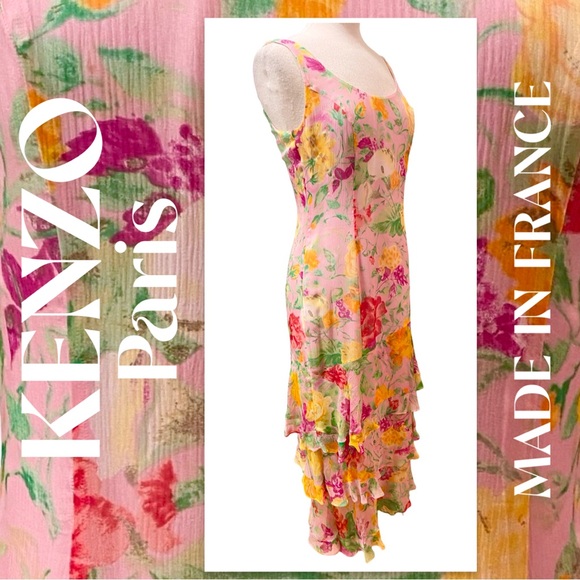 KENZO Paris France Pink Floral Silk Georgette Chiffon Ruffle Long Dress 40/8 - Picture 3 of 9